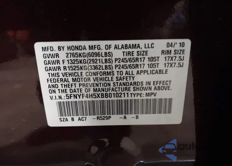 2011 Honda Pilot Ex-L from USA, damaged, VIN 5FNYF4H5XBB010211